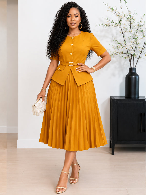 Button-Front Belted Pleated Dress