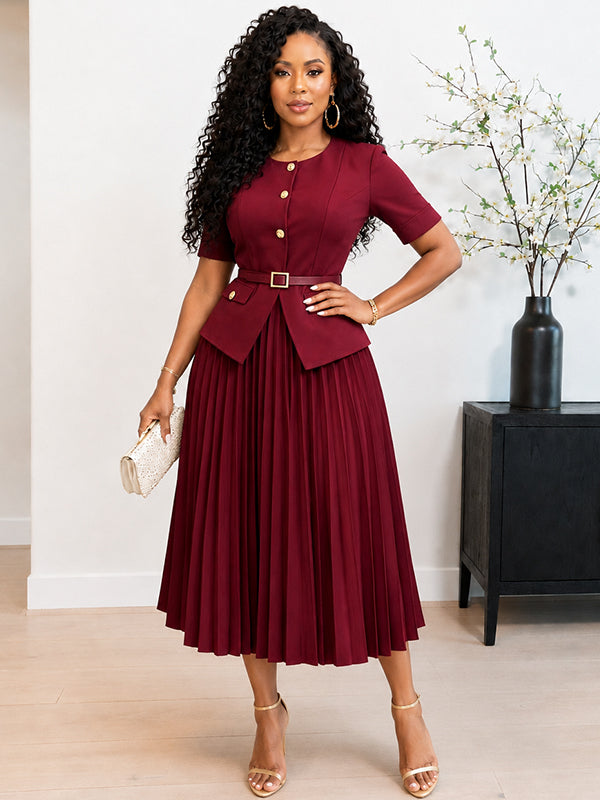 Button-Front Belted Pleated Dress