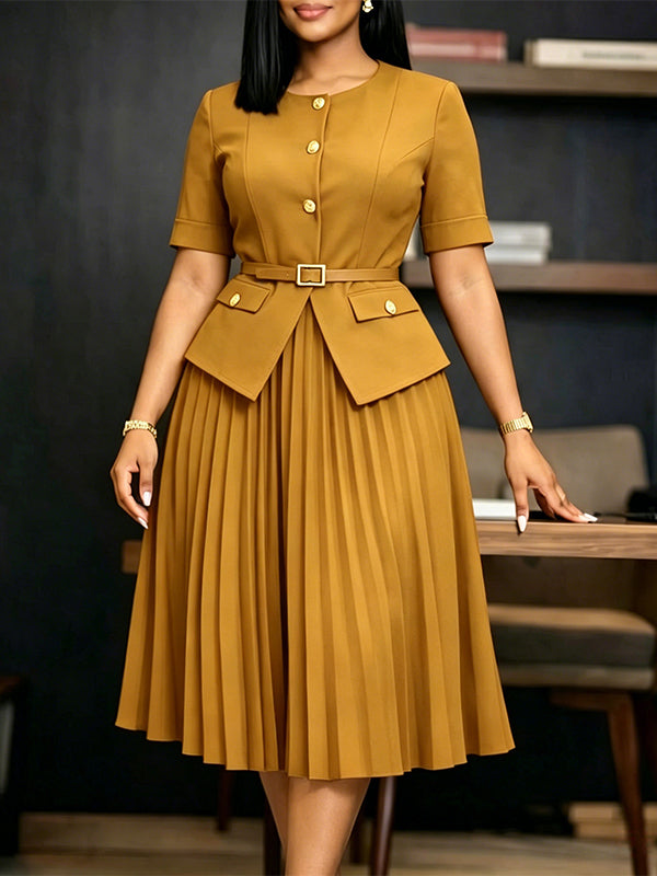 Button-Front Belted Pleated Dress