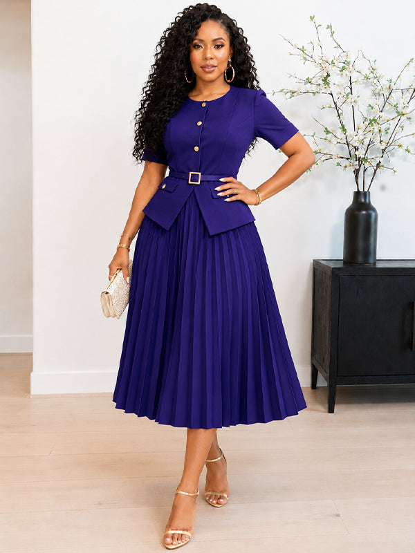 Button-Front Belted Pleated Dress