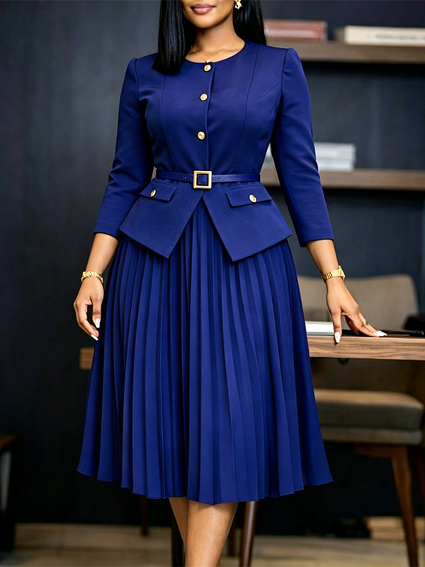 Button-Front Belted Pleated Dress