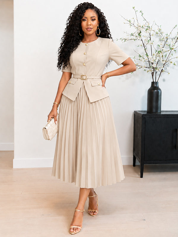 Button-Front Belted Pleated Dress
