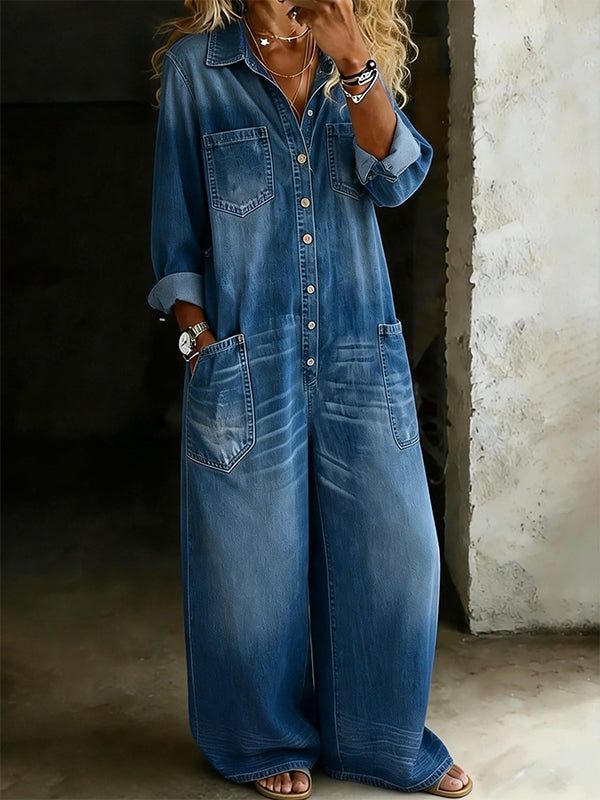 Button-Front Denim Jumpsuit--Clearance