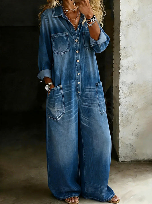 Button-Front Denim Jumpsuit--Clearance