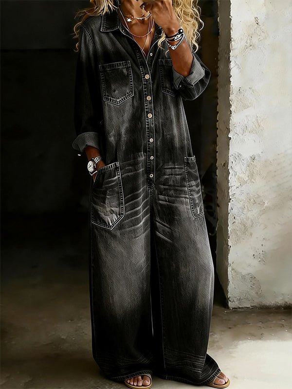 Button-Front Denim Jumpsuit--Clearance