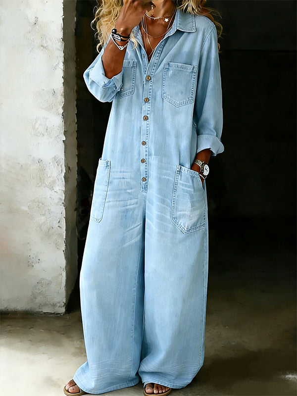 Button-Front Denim Jumpsuit--Clearance