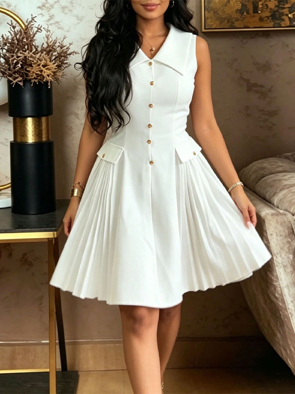 Button-Front Pleated Sleeveless Dress