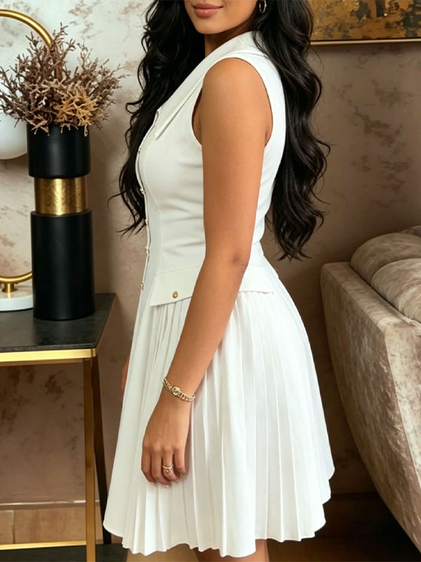 Button-Front Pleated Sleeveless Dress