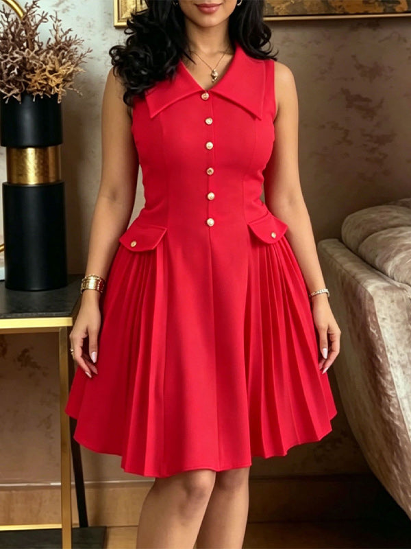 Button-Front Pleated Sleeveless Dress
