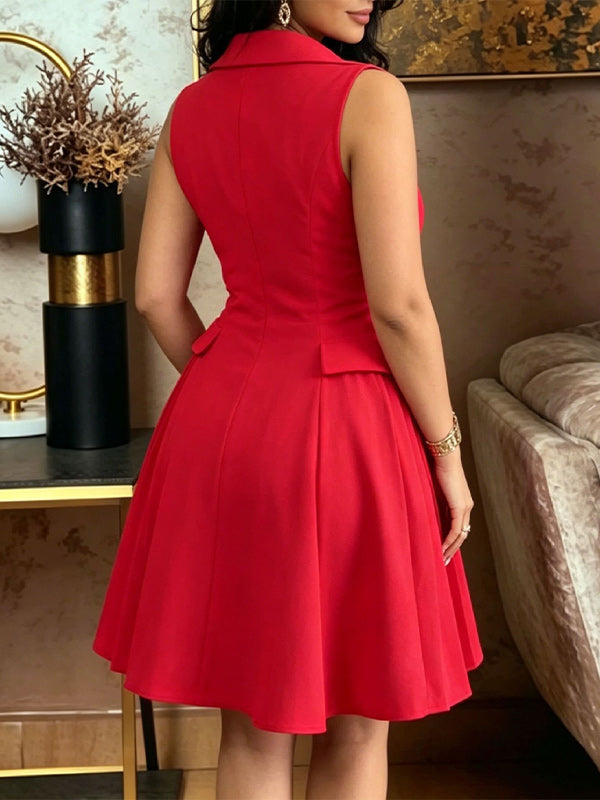 Button-Front Pleated Sleeveless Dress