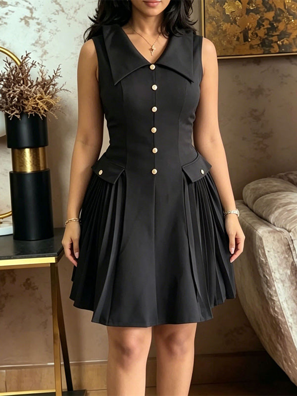 Button-Front Pleated Sleeveless Dress