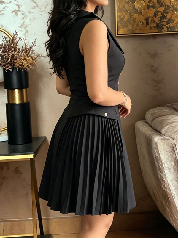 Button-Front Pleated Sleeveless Dress