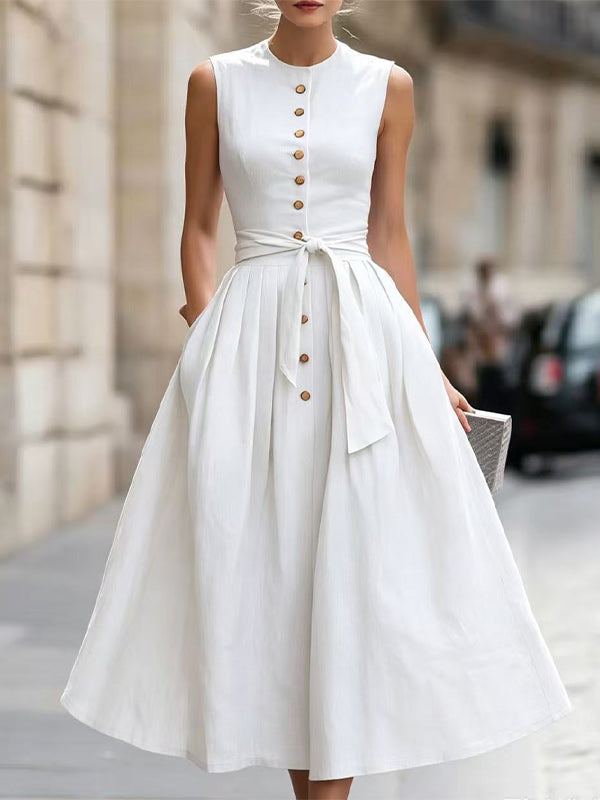 Button-Front Tied Sleeveless Dress