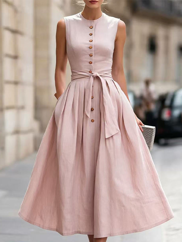 Button-Front Tied Sleeveless Dress