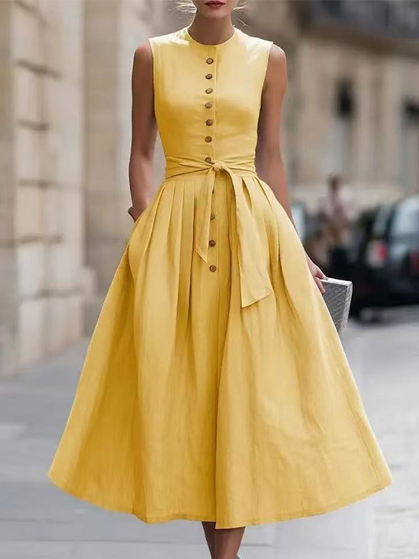 Button-Front Tied Sleeveless Dress
