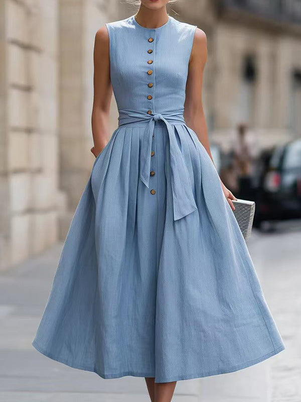 Button-Front Tied Sleeveless Dress