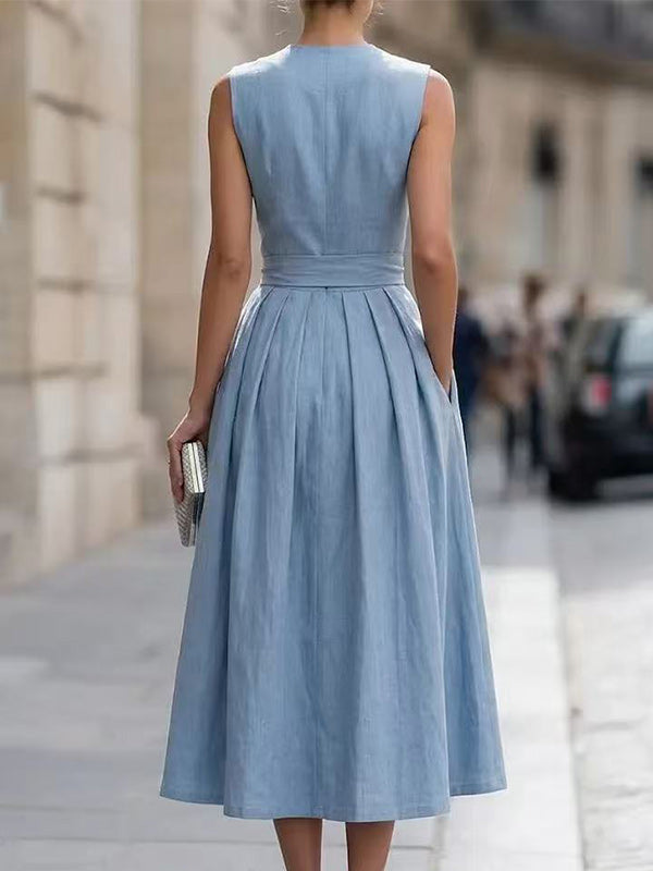 Button-Front Tied Sleeveless Dress
