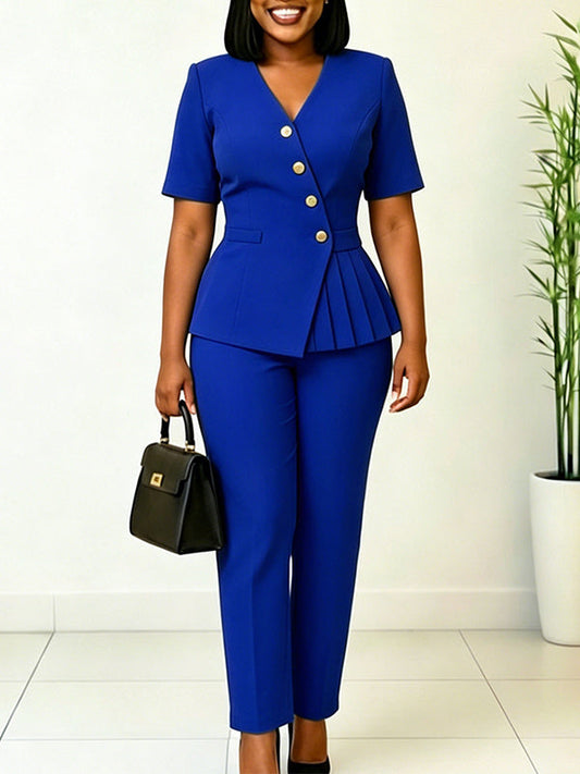 Button V-Neck Blazer & Pants Set