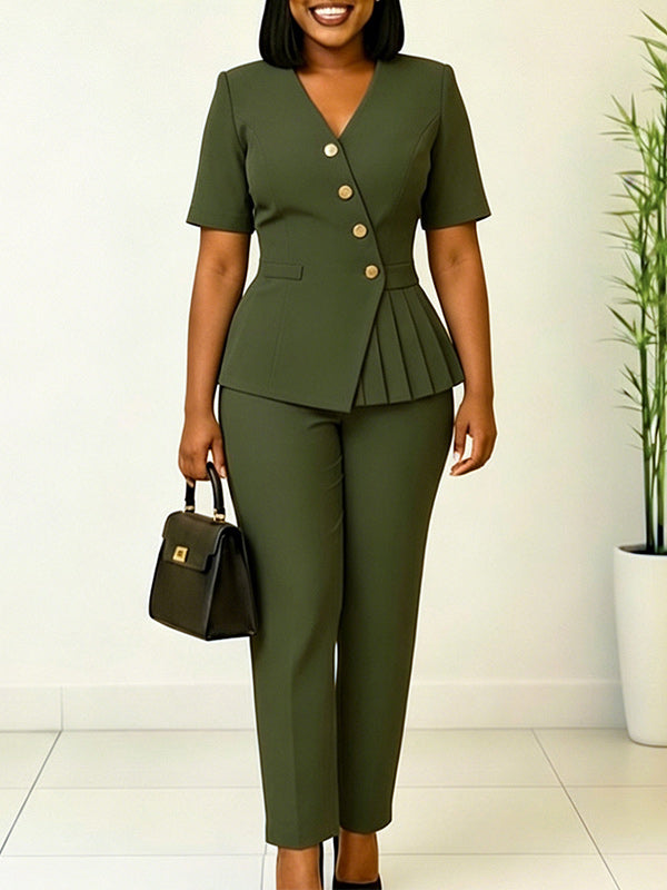 Button V-Neck Blazer & Pants Set