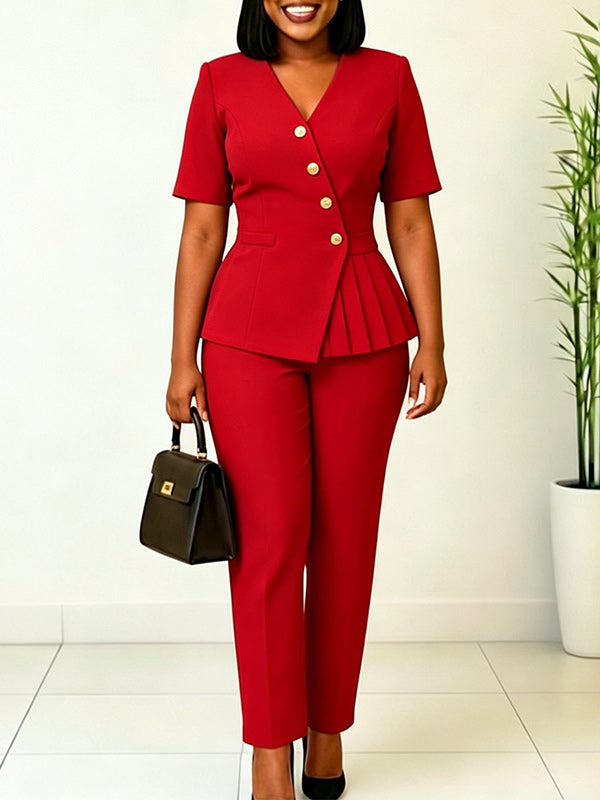 Button V-Neck Blazer & Pants Set