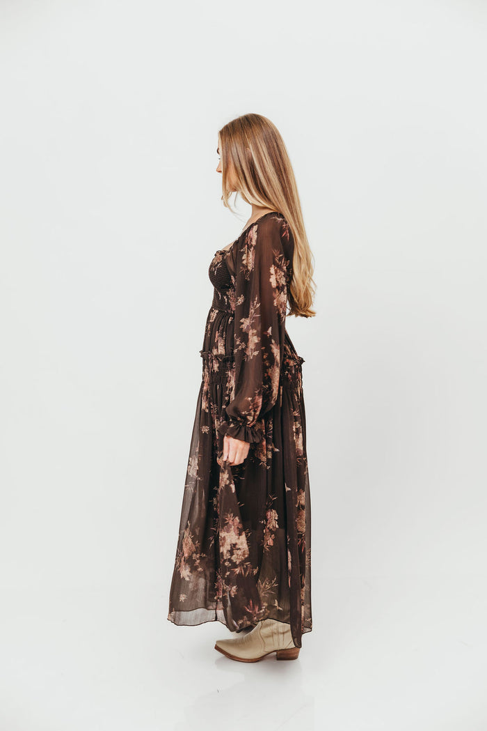Camila Floral Chiffon Midi Dress in Espresso