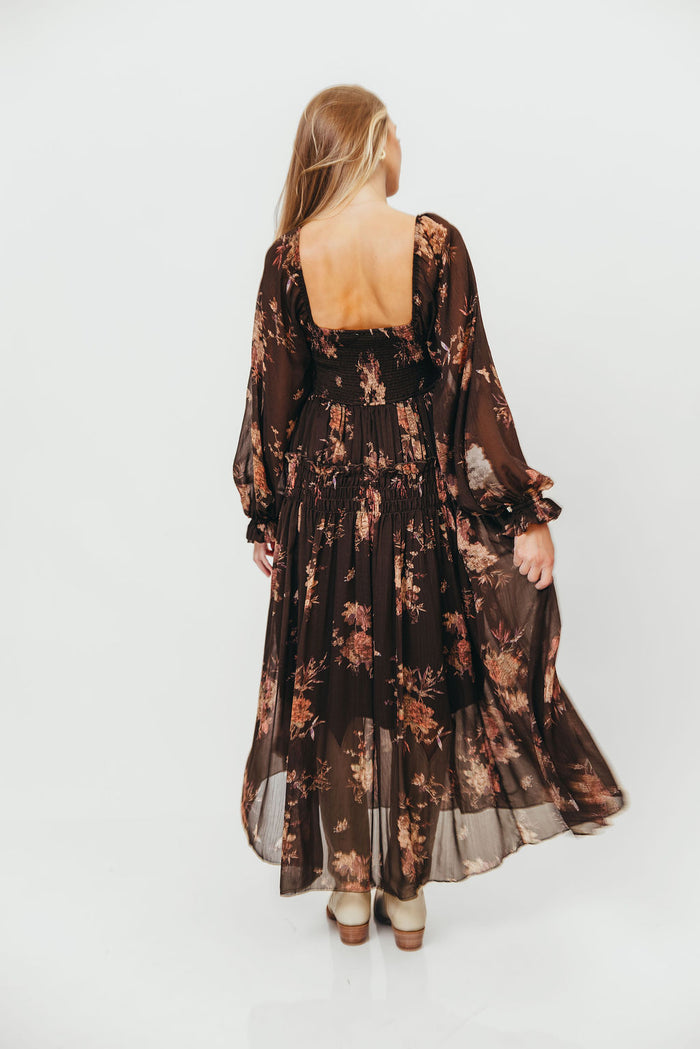 Camila Floral Chiffon Midi Dress in Espresso
