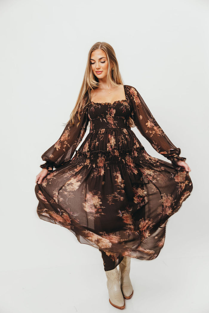 Camila Floral Chiffon Midi Dress in Espresso