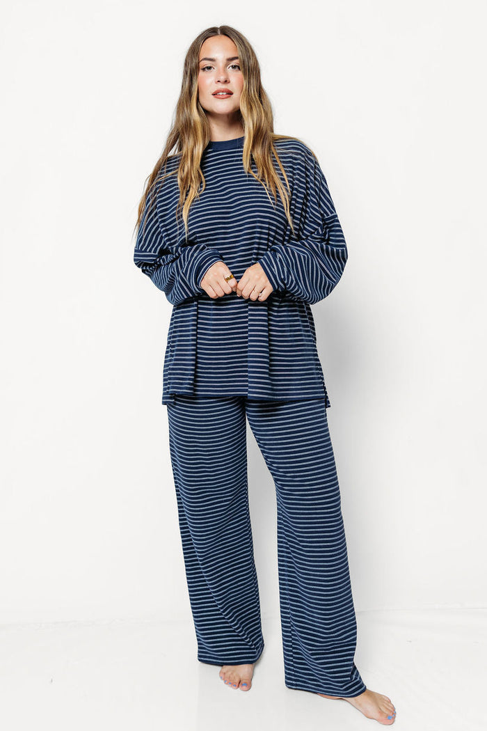 Campbell Double Stripe Fleece Lounge Pants in Navy/Ivory