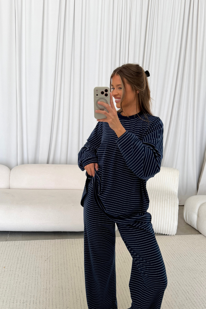 Campbell Double Stripe Fleece Lounge Pants in Navy/Ivory