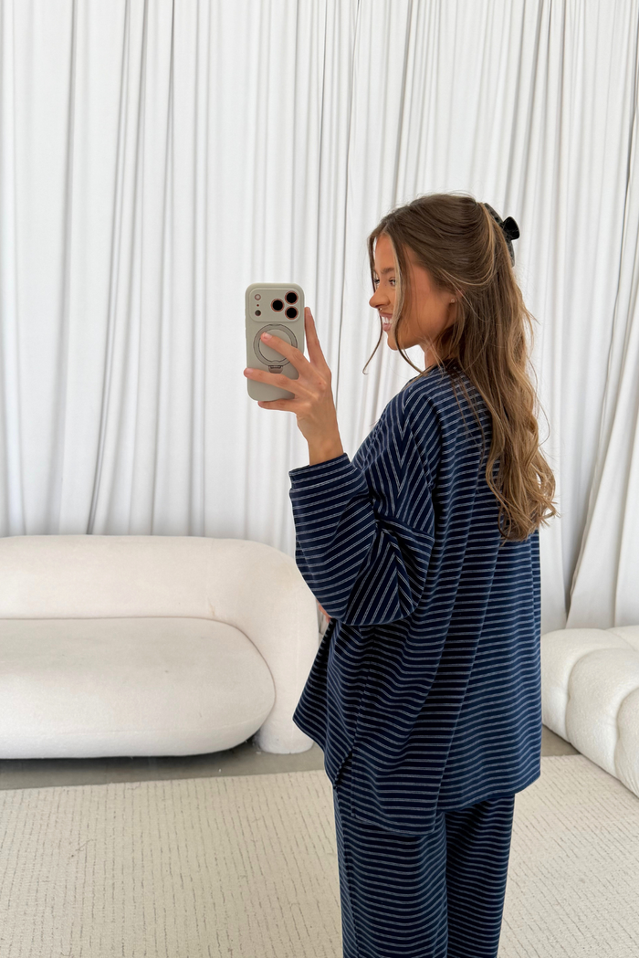 Campbell Double Stripe Fleece Lounge Pants in Navy/Ivory