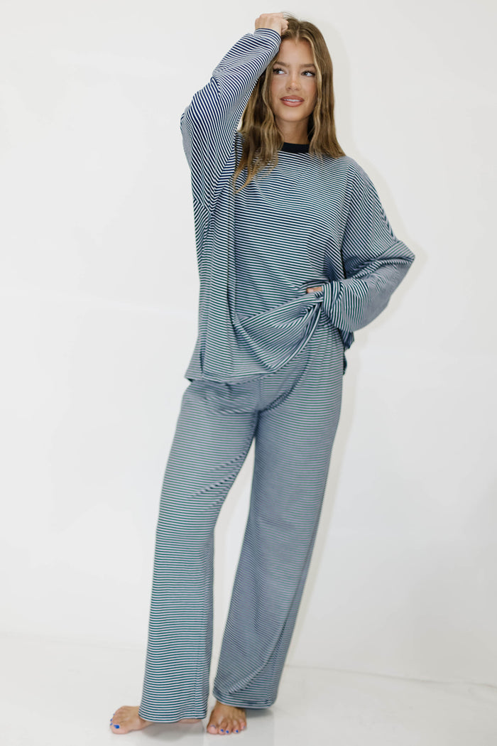 Campbell Mini Breton Striped Fleece Lounge Pants in Navy