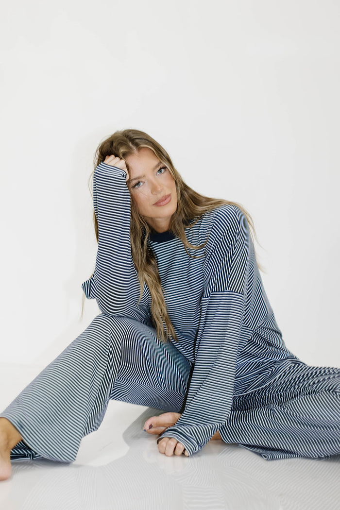 Campbell Mini Breton Striped Fleece Lounge Pants in Navy