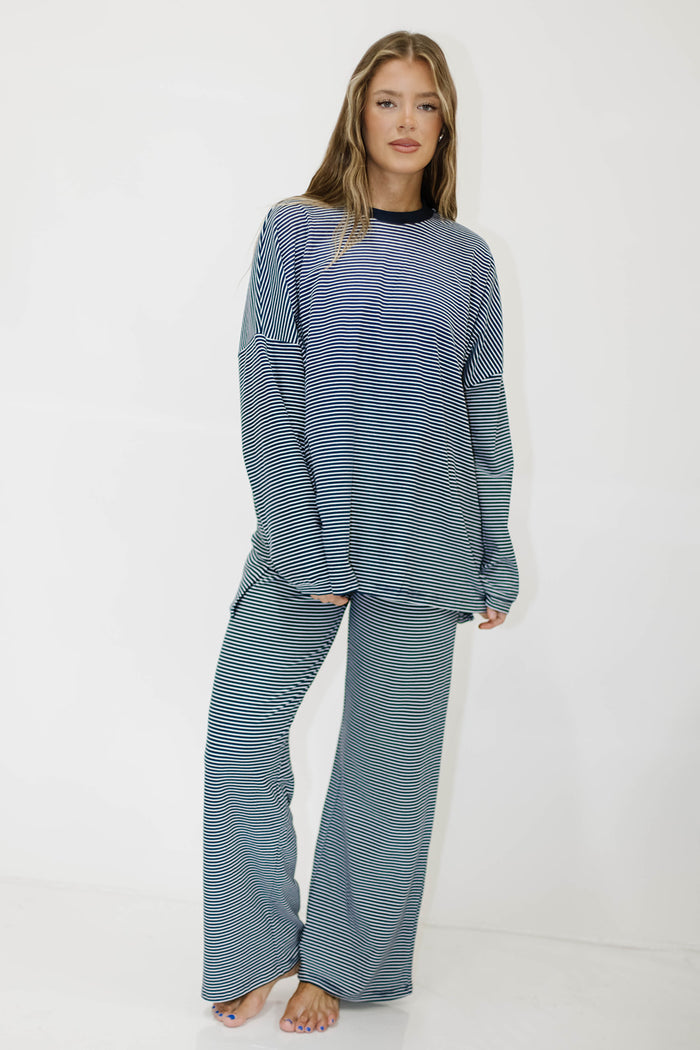 Campbell Mini Breton Striped Fleece Lounge Pants in Navy