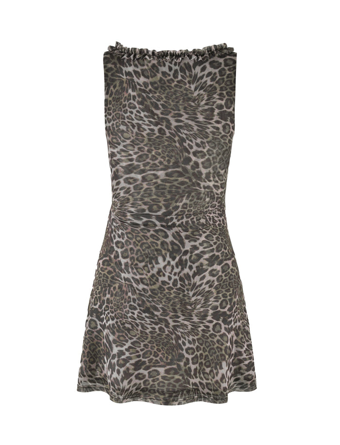 Introducing the TIGERMIST CAMPBELL MINI DRESS - NEUTRAL : LEOPARD, a stunning sleeveless dress with an A-Line fit and a flared skirt. It features an all-over leopard print pattern in shades of brown and black on a gray background. The dress boasts a slightly ruffled, plunging front neckline and falls just above the knee.