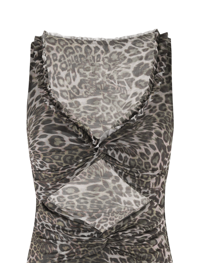Introducing the CAMPBELL MINI DRESS - NEUTRAL: LEOPARD by TIGERMIST, a sleeveless, V-neck dress adorned with a leopard print pattern in shades of gray and black. The fabric is ruched with small ruffles along the neckline and includes a twist detail at the waist, creating a stylishly textured A-line silhouette.