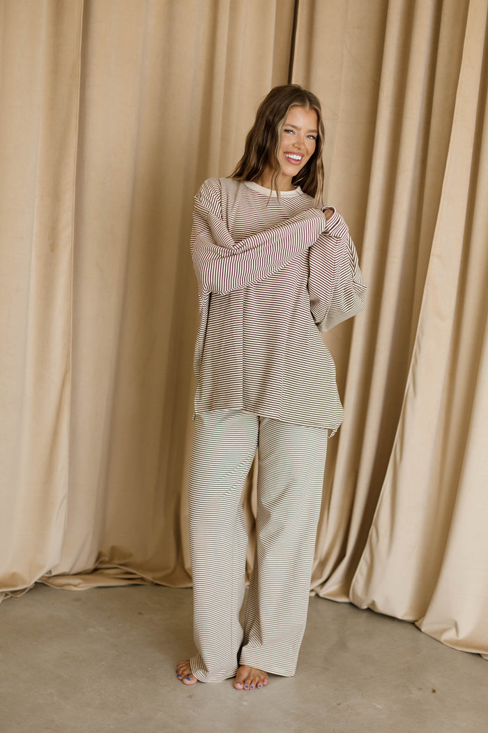 Campbell Mini Stripe Fleece Lounge Pants in Almond