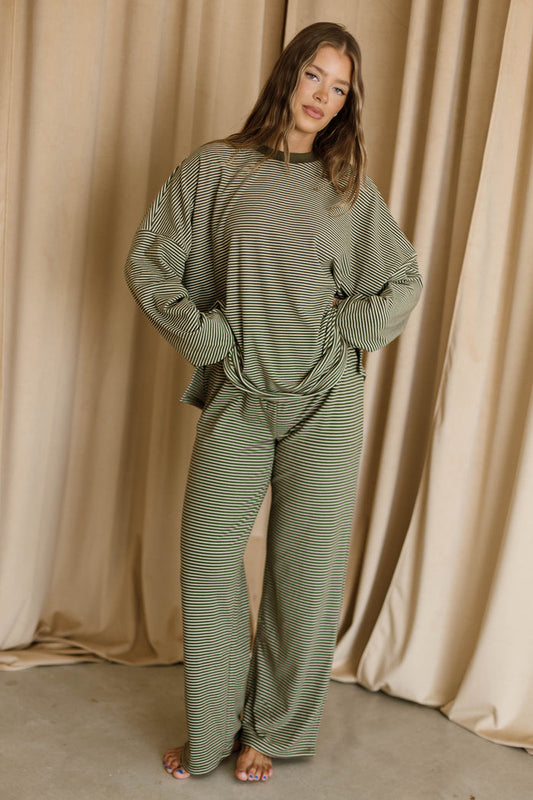 Campbell Mini Stripe Fleece Lounge Pants in Army Green