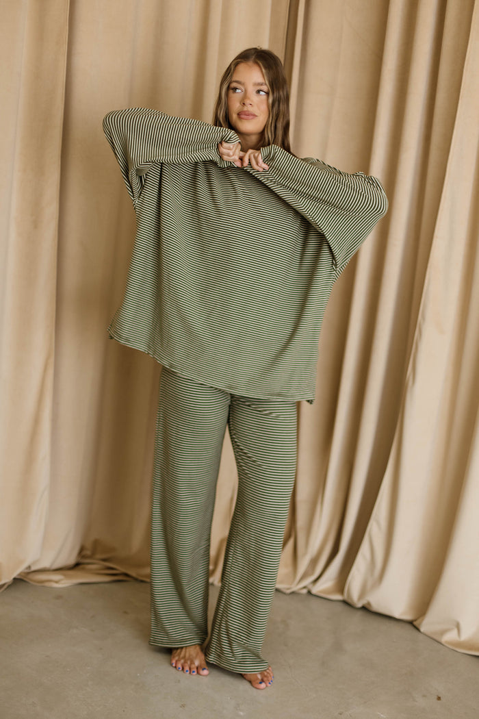 Campbell Mini Stripe Fleece Lounge Pants in Army Green
