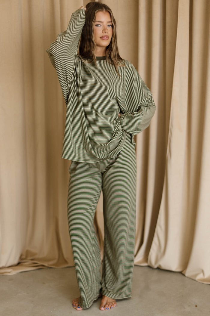 Campbell Mini Stripe Fleece Lounge Pants in Army Green