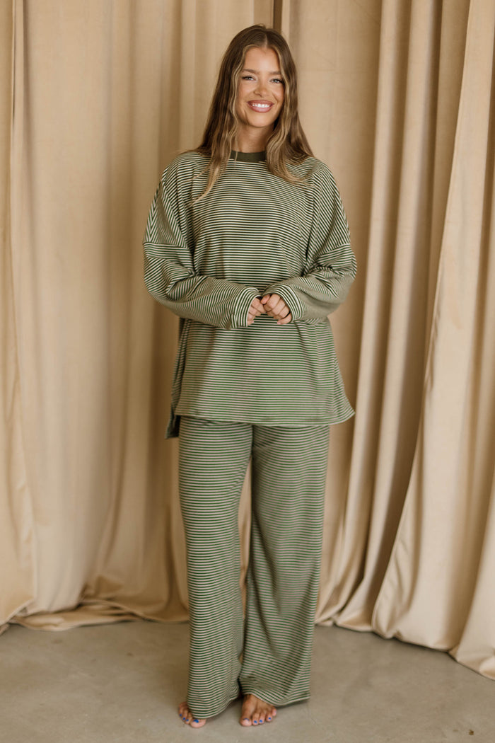 Campbell Mini Stripe Fleece Lounge Pants in Army Green