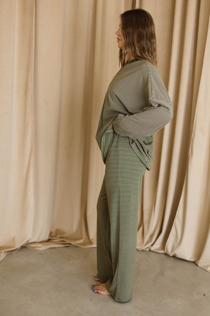 Campbell Mini Stripe Fleece Lounge Pants in Army Green