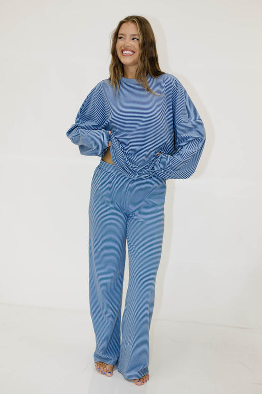 Campbell Mini Stripe Fleece Lounge Pants in Azure