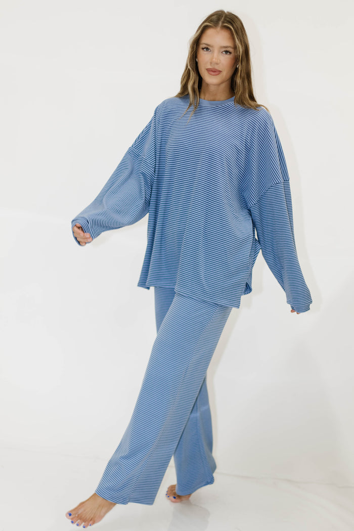 Campbell Mini Stripe Fleece Lounge Pants in Azure