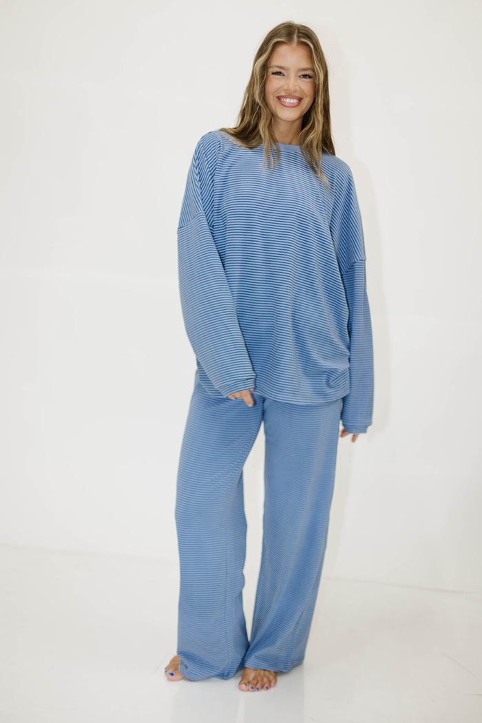 Campbell Mini Stripe Fleece Lounge Pants in Azure