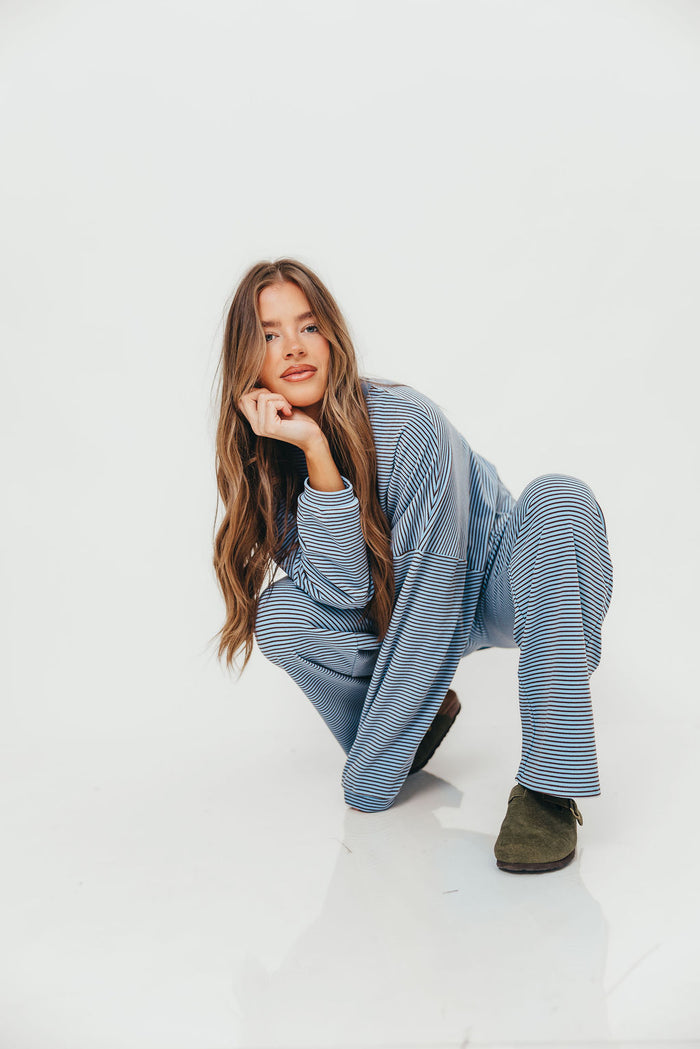Campbell Mini Stripe Fleece Lounge Pants in Blue/Brown