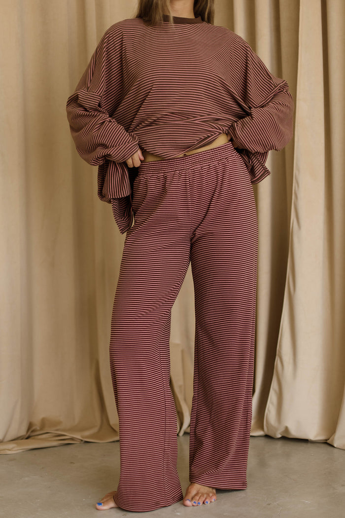 Campbell Mini Stripe Fleece Lounge Pants in Brown/Pink