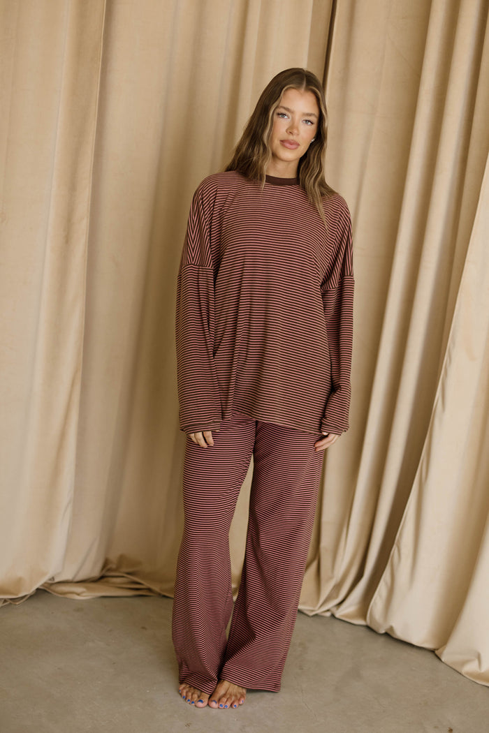 Campbell Mini Stripe Fleece Lounge Pants in Brown/Pink
