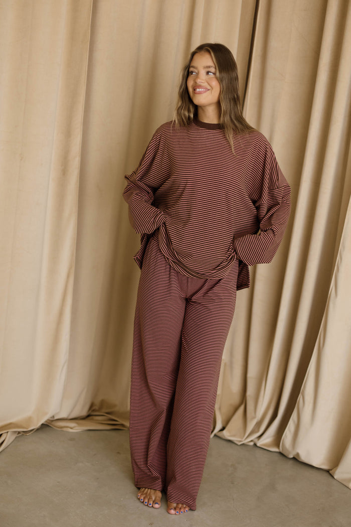 Campbell Mini Stripe Fleece Lounge Pants in Brown/Pink