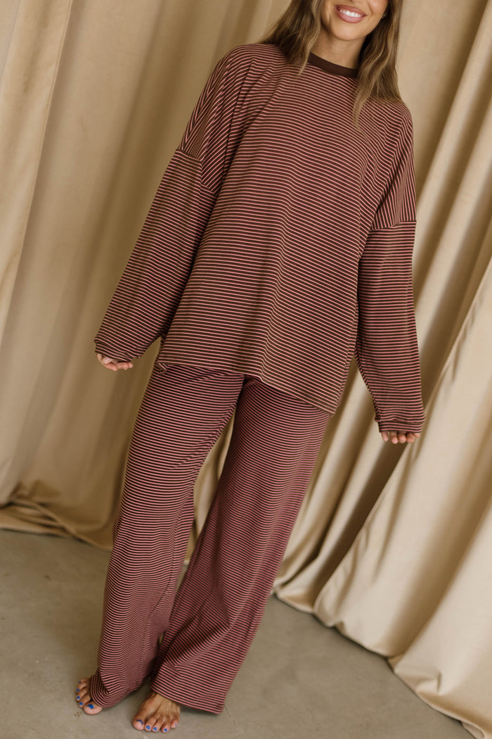 Campbell Mini Stripe Fleece Lounge Pants in Brown/Pink