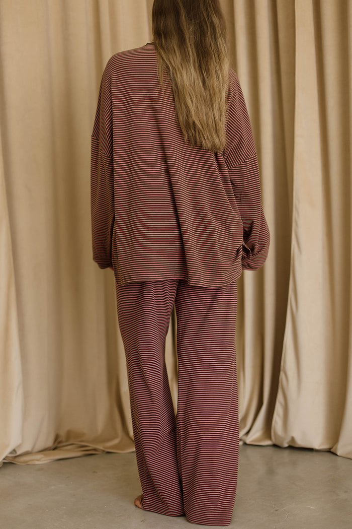 Campbell Mini Stripe Fleece Lounge Pants in Brown/Pink